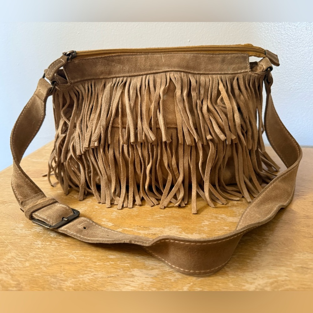 Neiman Marcus Tan Shoulder Bag with Fringe
